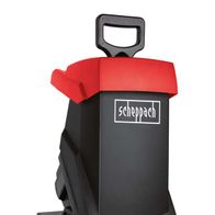 Häcksler GS59 von Scheppach, seitliche Ansicht mit schwarzem Behälter und roten Griffen.