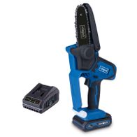 Der Akku Gehölzschneider C-PS100-X von Scheppach mit 127mm Schnittlänge und 4,8 m/sec. Inkl. 2Ah 20V Akku und 2,4 A Ladegerät. Gezeigt von der Seite.