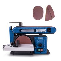 Band- und Tellerschleifer BTS900Vario von Scheppach mit 400W Leistung. Inklusive 3 Schleifscheiben und 1 Schleifband. Der Schleifteller hat einen Durchmesser von 150mm.