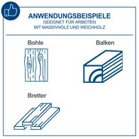 Anwendungsbeispiele für Arbeiten mit Massivholz und Weichholz. Geeignet für Bohlen, Balken und Bretter. Die Maschine kann alle drei Holzarten bearbeiten.