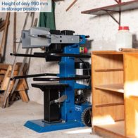 Compact vertical log splitter with storage height of 990 mm, featuring a practical transport wheel