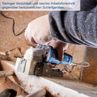 Lackfräse mit Text 'geringer Verschleiß und schneller Arbeitsfortschritt gegenüber herkömmlichen Schleifgeräten' und Detailansicht beim Arbeiten