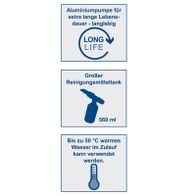 Aluminiumpumpe für extra lange Lebensdauer, langlebig. Größerer Reinigungsmitteltank mit 560 ml Fassungsvermögen. Bis zu 50 °C warmes Wasser im Zulauf kann verwendet werden.