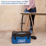The HD2P dust extraction system by Scheppach with 1250W power, plastic housing, including drill extraction nozzle and suction-blowing nozzle. Thanks to its compact design, it is also ideally suited for mobile use.