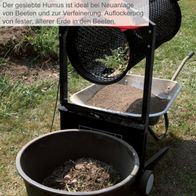 Rollsieb RS400 von Scheppach mit Siebtrommel und Textangabe zur Verwendung von gesiebtem Humus für Beete und Erdeauflockerung