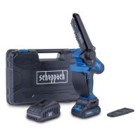 Scheppach Akku-Kettensäge mit 20V Akku, Ladegerät und Trennscheibe. Inklusive robustem Koffer für sicheren Transport. Ideal für präzises Schneiden und einfache Handhabung.
