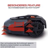 Der Mähroboter PX-RRM-500Wi Practixx verfügt über einen schwebenden Schnittkopf, der Bodenunebenheiten zuverlässig und schnell ausgleicht.