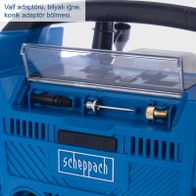 The hybrid compressor Airforce 6 Scheppach features a valve adapter, a ball pin, and a conical adapter section.