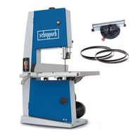 Bandsäge Basa1 von Scheppach mit Querschneidlehre und drei Sägebändern. Die Säge bietet eine Schnitthöhe von 100 mm und eine Schnittbreite von 195 mm.