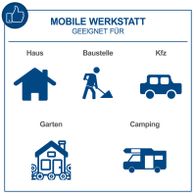 Die mobile Werkstatt ist geeignet für Haus, Baustelle, Kfz, Garten und Camping. Sie enthält Werkzeuge für verschiedene Anwendungen.