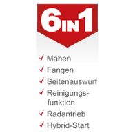 Der Scheppach 6in1 Rasenmäher bietet Mähen, Fangen, Seitenauswurf, Reinigungsfunktion, Radantrieb und Hybrid-Start.