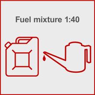 Petrol pruning chainsaw with a fuel mixture ratio of 1:40. Pouring petrol into the tank.