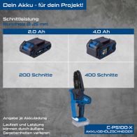 Der Scheppach Akku-Gehölzschneider C-PS100-X bietet zwei Akku-Optionen: 2,0 Ah für 200 Schnitte und 4,0 Ah für 400 Schnitte an Rundholz mit 45 mm Durchmesser. Die Laufzeit und Leistung können je nach Akkuladung und äußeren Gegebenheiten variieren.