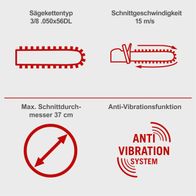 Elektro Kettensäge CSE2200 Scheppach mit Sägekettentyp 3/8 .050x56DL, Schnittgeschwindigkeit 15 m/s, maximaler Schnittdurchmesser 37 cm und Anti-Vibrationssystem.GB