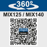 Der Betonmischer MIX125 von Scheppach bietet eine 360-Grad-Drehbarkeit für flexible Nutzung. Mit 230V, 550W und 125L Fassungsvermögen sowie Gusszahnrädern für robuste Leistung. QR-Code für weitere Informationen.