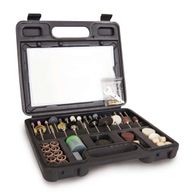 Zubehörkoffer 100tlg. HG34 mit verschiedenen Schleif- und Polierwerkzeugen, geordnet in Fächern. Der Koffer ist offen und zeigt die Werkzeuge von oben.