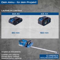 Scheppach Akku-Heckenschere C-HT570-X mit 2,0 Ah und 4,0 Ah Akkus. Laufzeiten: 80 min bzw. 160 min. Schnittlänge 510mm, Schnittstärke 16mm, Schwertlänge 560mm.
