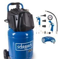 Scheppach Kompressor HC35V mit Zubehör. Gezeigt von der Seite.