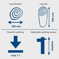Vertical log splitter showing 300 mm diameter log size with adjustable splitting system for stepless adjustment