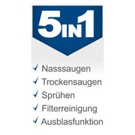 Der Scheppach SprayVac20 bietet 5 Funktionen: Nasssaugen, Trockensaugen, Sprühen, Filterreinigung und Ausblasfunktion.