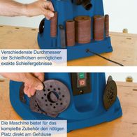 Der Oszillierende Spindelschleifer OSM100 von Scheppach bietet verschiedene Schleifhülsen-Durchmesser für präzise Schleifergebnisse. Die Maschine verfügt über integrierte Halterungen für das gesamte Zubehör direkt am Gehäuse.