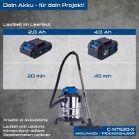 Scheppach Akku-Nass-/Trockensauger C-NTS20-X mit Laufzeitvergleich Akku 2,0 Ah vs. 4,0 Ah und Laufzeiten 20/40 Minuten