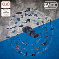 Bild einer Werkzeugsammlung mit Akku-Werkzeugen für die Scheppach 20V-Batterieplattform, darunter Schleifgeräte und Bohrmaschinen mit verschiedenen Funktionen und Batteriegehäusen.