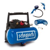 Scheppach Air Compressor HC06 with 6L tank, oil-free, including 5-piece accessory kit and 5m hose. 8 bar pressure. Compact and robust design with practical carrying handle. Includes pressure gauge and safety valve.