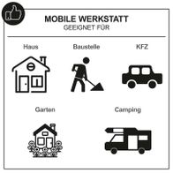 Mobile Werkstatt geeignet für Haus, Baustelle, KFZ, Garten und Camping. Enthält Werkzeuge wie Schraubenschlüssel, Hammer, Zange und Schraubenzieher.