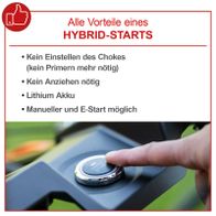 Hybrid-Start-Benzin-Rasenmäher mit folgenden Vorteilen: Kein Einstellen des Chokes (kein Primern mehr nötig), Lithium-Akku, manueller und elektrischer Start möglich.