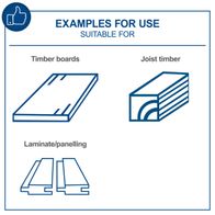 The product is suitable for various uses, including timber boards, joist timber, and laminate/panelling. It offers versatile applications for different materials and projects.