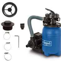 Poolfilteranlage von Scheppach mit Zubehörteilen. Gezeigt von der Seite.