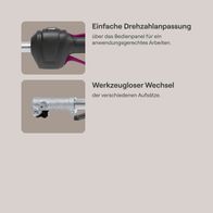 Das Akku-Multifunktionsgerät GO-GMG400BL gomag bietet einfache Drehzahlanpassung über das Bedienpanel für anwendungsgerechtes Arbeiten und werkzeuglosen Wechsel der verschiedenen Aufsätze.