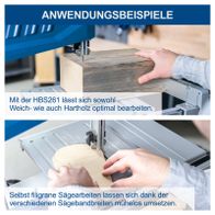 Die Bandsäge HBS261 von Scheppach eignet sich für die Bearbeitung von Weich- und Hartholz sowie für filigrane Sägearbeiten dank verschiedener Sägebandbreiten.