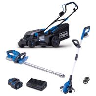 Das Akku-Garten-Set AGS300 von Scheppach umfasst einen Rasenmäher, einen Rasentrimmer, eine Heckenschere, zwei 4Ah Akkus und ein 4,5A Doppelladegerät. Alle Geräte sind kabellos und arbeiten mit 20V.