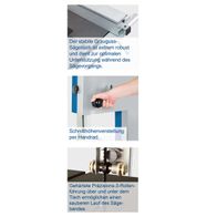 Robuste Grauguss-Sägetischunterlage für präzise Sägearbeit; Handbedienbare Schnitthöhenverstellung; Präzisions-3-Rollenführung für sauberen Bandlauf.