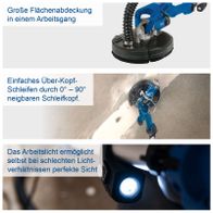 Wand- und Deckenschleifer mit großflächiger Abdeckung in einem Arbeitsgang, neigbarem Schleifkopf und Arbeitslicht für präzises Arbeiten