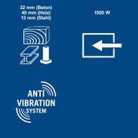 Werkzeugmerkmale für Bohrhammer: Vibrationssystem gegen Vibrationen, Richtungsanzeige, Materialstärken für Beton (32 mm), Holz (40 mm), Stahl (13 mm), 1500 Watt Leistung