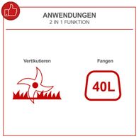 Werkzeug-Infoblatt mit Funktionen 'Vertikutieren' und 'Fangen' mit 40-Liter-Korb