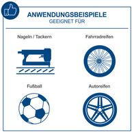 Anwendungsbeispiele für den Kompressor HC26Si: Geeignet für Nageln/Tackern, Fahrradreifen, Fußball und Autoreifen. Der Kompressor ist vielseitig einsetzbar und bietet praktische Lösungen für verschiedene Anwendungen.