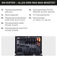 Der Werkzeugkoffer WZB200-BE von Scheppach enthält: 1 Teleskopmagnetheber (600 mm), 1 Spannungsprüfer, 4 Präzisionsschraubendreher, 1 1/4 Zoll Schraubenschlüssel, 4 Schraubendreher, 2 kurze Schraubendreher, 4 Klemmzangen (2x 70 mm, 2x 100 mm).