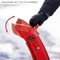 Die Auswurfweite der Benzin-Schneefräse ST570 ist von 11 bis 12 Metern einstellbar. Die Einstellung erfolgt durch Drehen des Auswurfrichtungsknopfes.