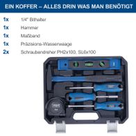 Der Werkzeugkoffer WZK49 enthält: 1x 1/4" Bithalter, 1x Hammer, 1x Maßband, 1x Präzisions-Wasserwaage, 2x Schraubendreher (PH2x Schraubendreher PH2x100, SL6x100.