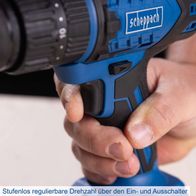 Die Akku-Schlagbohrmaschine BC-CD60-X von Scheppach bietet eine stufenlos regulierbare Drehzahl über den Ein- und Ausschalter.