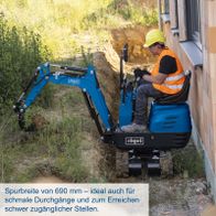Mini-Bagger mit 690 mm Spurbreite für enge Durchgänge und schwer zugängliche Bereiche