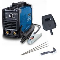 The Scheppach WSE1000 inverter welder with 130A output, including welding mask, electrode, ground clamp, and cleaning brush. Features start and anti-sticking function as well as arc force technology.