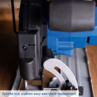 Spindle lock for easy saw blade replacement on Scheppach tools