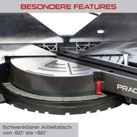 Schwenkbarer Arbeitsbock für präzise Winkel von -50° bis +50° bei Kapp-, Zug- und Gehrungssägen