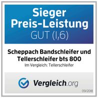 Der Scheppach Band- und Tellerschleifer BTS 800 wurde von Vergleich.org als Sieger in der Kategorie Preis-Leistung mit der Note GUT (1,6) ausgezeichnet. Die Bewertung erfolgte im Vergleich mit anderen Tellerschleifern.