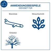 Anwendungsbeispiele für die Akku Kettensäge BC-TCS200-X: Brennholz schneiden, Strauchschnitt und Entasten. Geeignet für verschiedene Gartenarbeiten.
